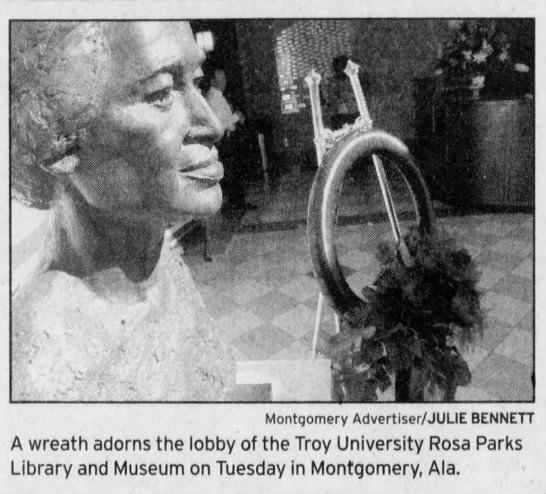 A wreath adorns the lobby of Rosa Parks Library
